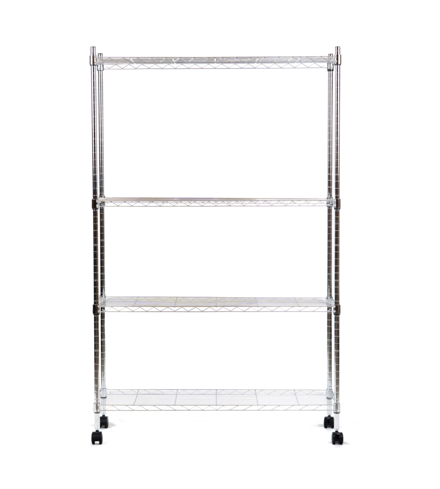 Scaffale in metallo cromato 4 ripiani con ruote, 89x34x142 cm